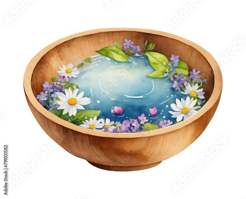 Watercolor illustration of Beltane festival  ritual wooden bowl with water  petals  herbs and flowers isolated on transparent background. Celtic pagan holiday folklore art. Summer concept. 