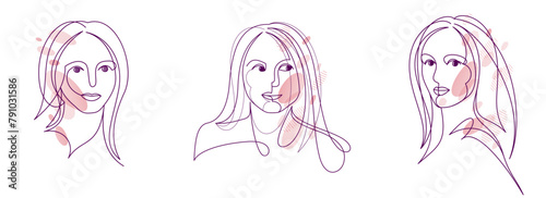 Woman beauty face vector linear illustrations set, delicate line art of attractive girl portraits collection, abstract feminine drawings minimal style isolated.