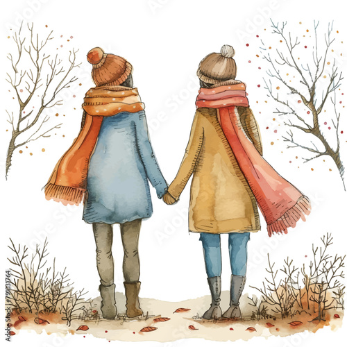 Watercolor vector illustration of two girls standing with their backs and holding hands