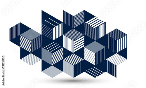 Abstract vector geometric background created with 3D cubes and shapes in isometric perspective, abstract city architecture, polygonal abstraction art, cubic style.