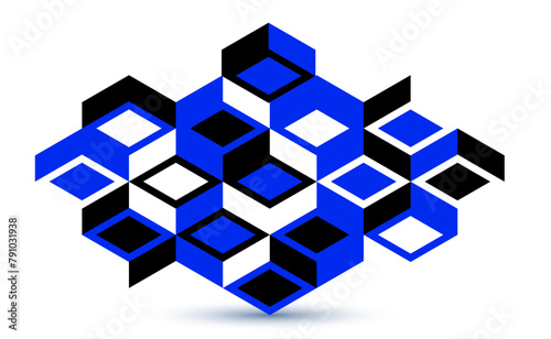 Abstract vector wallpaper with 3D isometric cubes blocks, geometric construction with blocks shapes and forms, op art low poly theme.