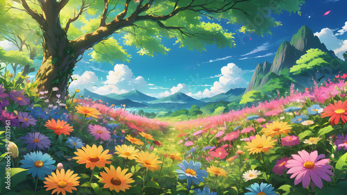 Landscape With Flowers Ai Generate Wallpaper