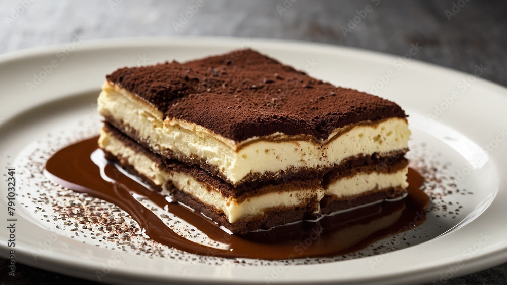 Delicate beautiful tiramisu with chocolate sauce on a white plate with cocoa sprinkles