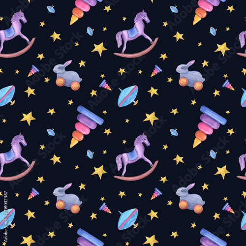 Watercolor seamless pattern of kid wooden toys. Cute illustration with hobbyhorse, pyramid, rabbit, spinning top and golden stars. Ornate isolated on black background. For children decor