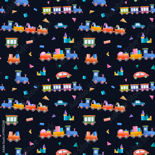 Watercolor seamless pattern of kid wooden toys. Colored cars, trains, locomotive, wagon, wood bricks, animal, horse. Hand painted illustration isolated on black background. For children print