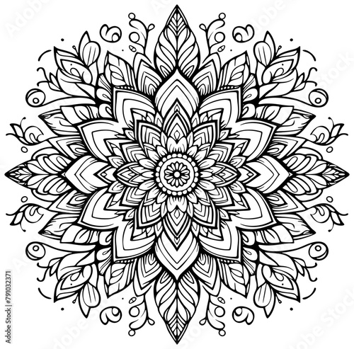 Mandala als Ausmalbild Vorlage Muster Icon oder Hintergrund für Erwachsene und Kinder aus Blättern und Blüten in schwarz weiß, rundes Objekt zum ausmalen zeichnen zum Stressabbau Konzentrationsübung