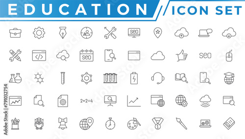 Education and Learning web icons in line style. School, university, textbook, learning. Vector illustration