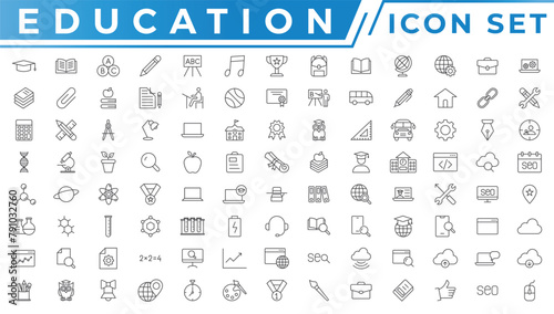 Education and Learning web icons in line style. School, university, textbook, learning. Vector illustration