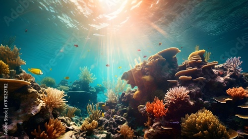Underwater view of tropical coral reef. Underwater panorama.