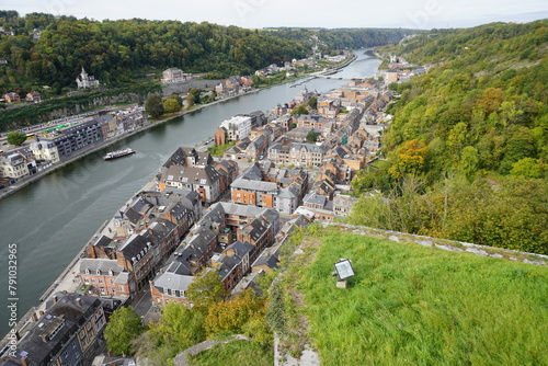 view of the town of Dinant in Belgium on the Meuse river from the old stone fort above 