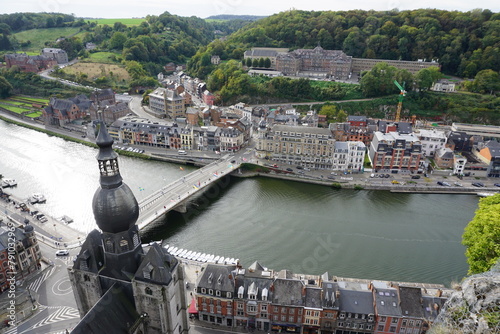 view of the town of Dinant in Belgium on the Meuse river from  the old stone fort above  © poupine