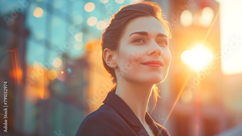Portrait of beautiful successful woman with short hair in formal attire. Side angle portrait of smiling female businesswoman outdoors in urban city view at sunset, with copy space