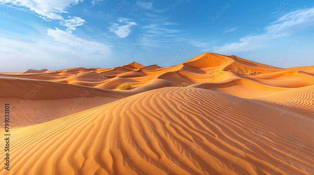   A group of sand dunes in the desert under a blue sky with wispy clouds