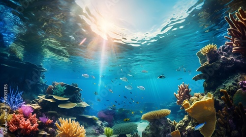 Underwater panoramic view of coral reef and tropical fish.