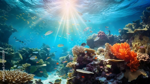 Underwater panoramic view of coral reef and tropical fish.