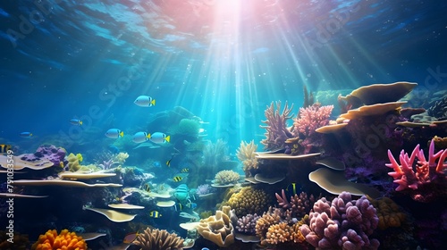 Underwater panorama of coral reef with fishes and corals.