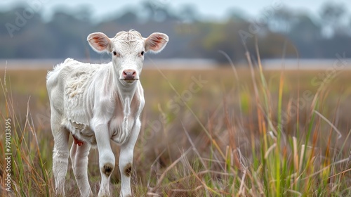  A small white calf stands in a field of tall grass In the distance, blurred trees form a hazy background