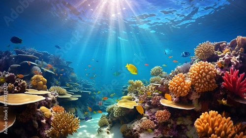 Underwater panorama of coral reef and tropical fish, underwater landscape © Iman