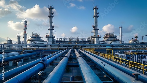Sunny day at an oil refinery with storage tanks and pipelines. Concept Oil Industry, Industrial Setting, Storage Tanks, Pipelines, Sunny Day
