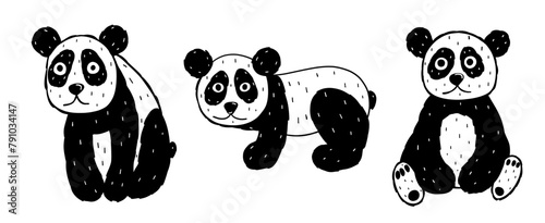 Set with cute panda bear in doodle style. Vector black and white illustration