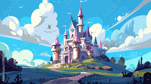 Old medieval castle on a hill vector cartoon illustration, palace, kingdom