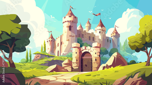 Old medieval castle on a hill vector cartoon illustration, palace, kingdom