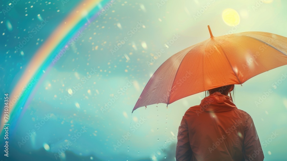 Person with orange umbrella under a rainbow.