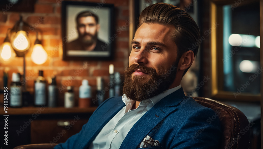 Brutal man with a beard in a barbershop