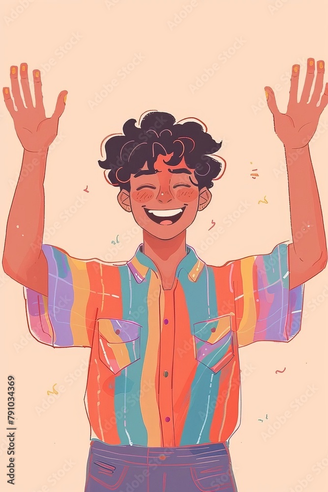 Illustration of a happy young man with curly hair and a colorful shirt raising his hands with a joyful expression and closed eyes. The image evokes feelings of excitement and celebration Illustration of a happy young man with curly hair and a colorful shirt raising his hands with a joyful expression and closed eyes. The image evokes feelings of excitement and celebration