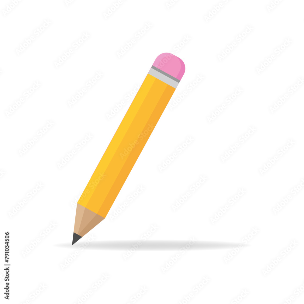 Yellow realistic Pencil. Volumetric wooden object for writing and drawing. Vector short yellow pencil, with rubber eraser