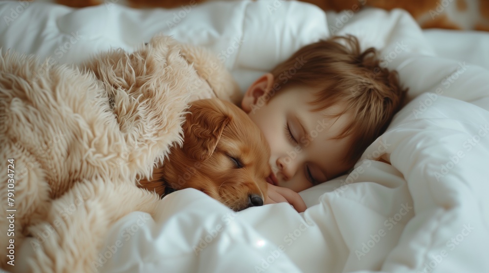 A peaceful scene of a young child napping with their beloved pet, showcasing the bond between kids and animals and emphasizing the importance of pet care and wellness. A peaceful scene of a young child napping with their beloved pet, showcasing the bond between kids and animals and emphasizing the importance of pet care and wellness.