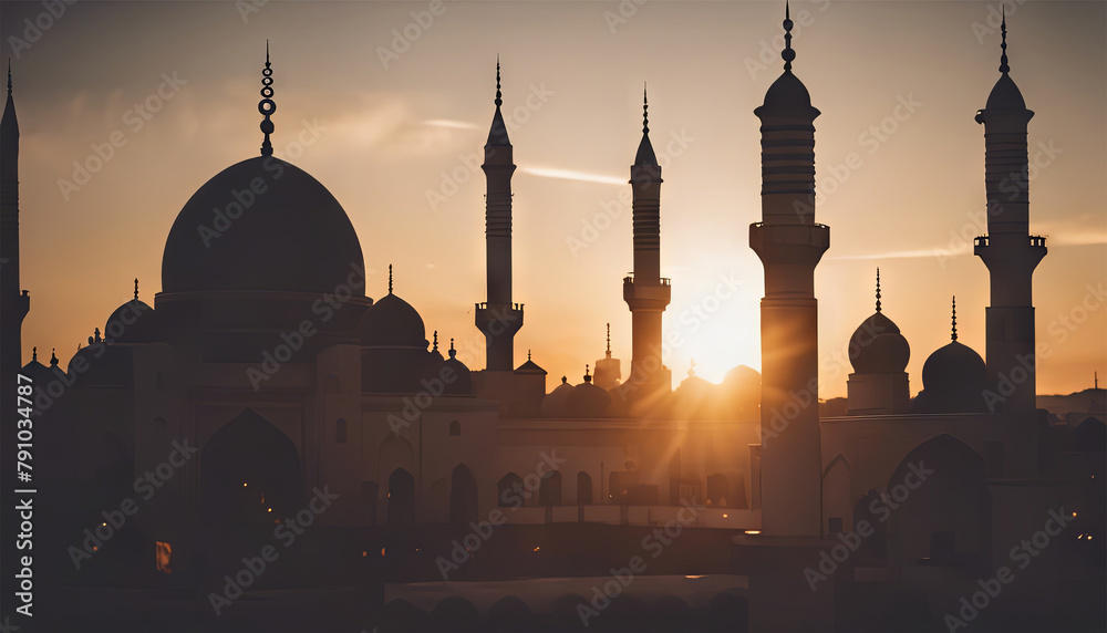 Silhouette of Mosque Building With Sunset for Eid Background