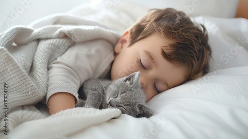 A peaceful scene of a young child napping with their beloved pet, showcasing the bond between kids and animals and emphasizing the importance of pet care and wellness.