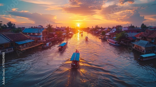 A boat is traveling down a river with a sunset in the background. The scene is peaceful and serene © Sasikharn