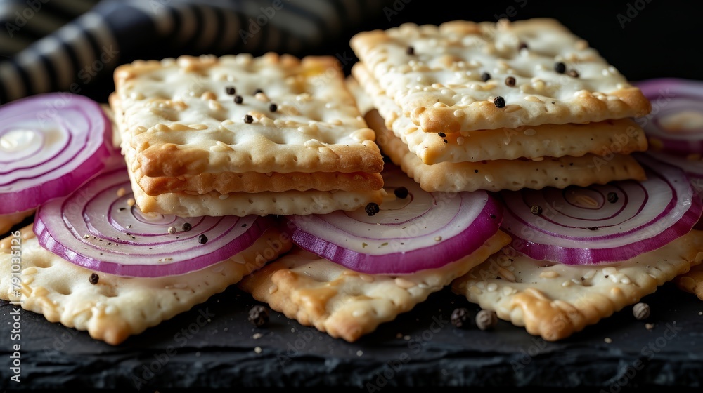   A pile of crackers on the table, topped with onion slices and an onion