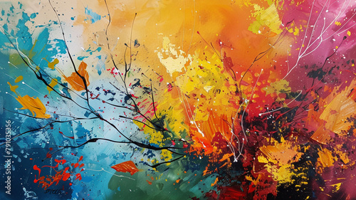 A canvas alive with the abstract colors of autumn  where strokes and splatters of paint evoke the changing leaves and crisp air