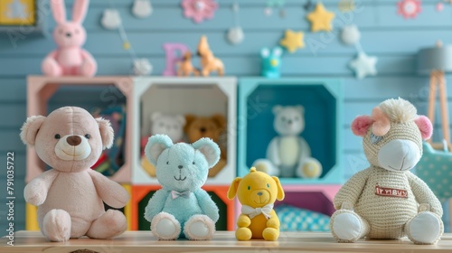 Collection of various adorable toys placed on a wooden table in a charming childrens room