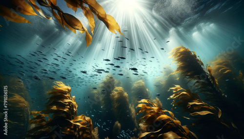 An underwater kelp forest with schools of fish swimming among the kelp