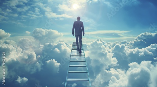 Businessman Ascending Ladder to the Sky, Concept of Ambition and Success
