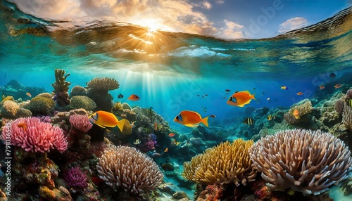 Vibrant underwater coral reef with tropical fish photo