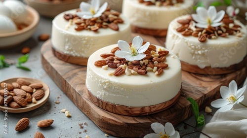   A tight shot of a cake atop a cutting board Its surface is adorned with nuts and flowers, while the remaining cake recedes into the background photo