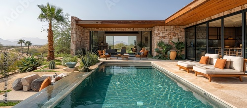 Desert oasis with a sparkling pool, outdoor kitchen, and desert landscaping.