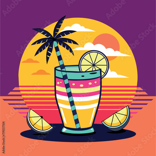 Summer sun set and ice cold drink lemonade for T-shirt design