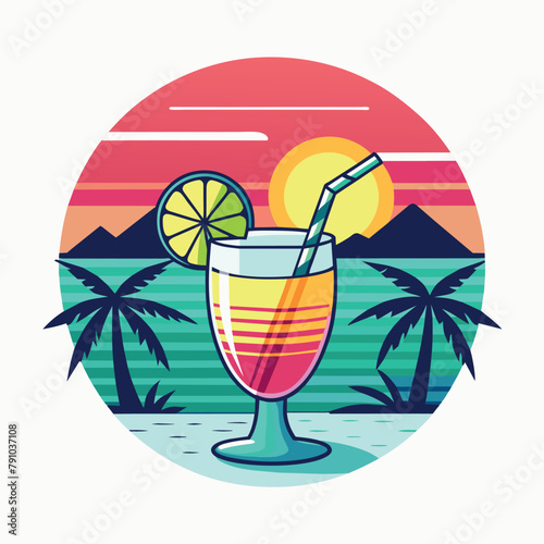 Summer sun set and ice cold drink lemonade for T-shirt design