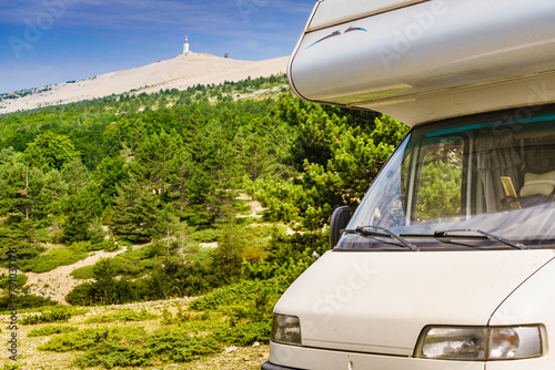 Caravan in mountains. Mont Ventoux in the distance. Provance
