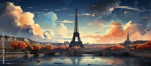 Eiffel Tower in Paris, France. Double exposure. Travel and tourism concept  photo