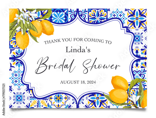 Blue tiles and lemons bridal shower thank you card