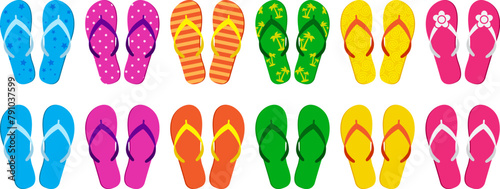 Summer flip flop icon, beach slipper, sand sandal, pool shoe set, cartoon rubber footwear isolated on white background. Comic vector illustration