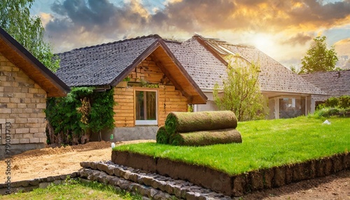 Rolled turf is laid on a home