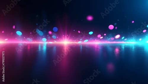 Blur color flare. Neon glow background. Bokeh radiance reflection. Defocused fluorescent blue pink light gleam on dark abstract overlay.